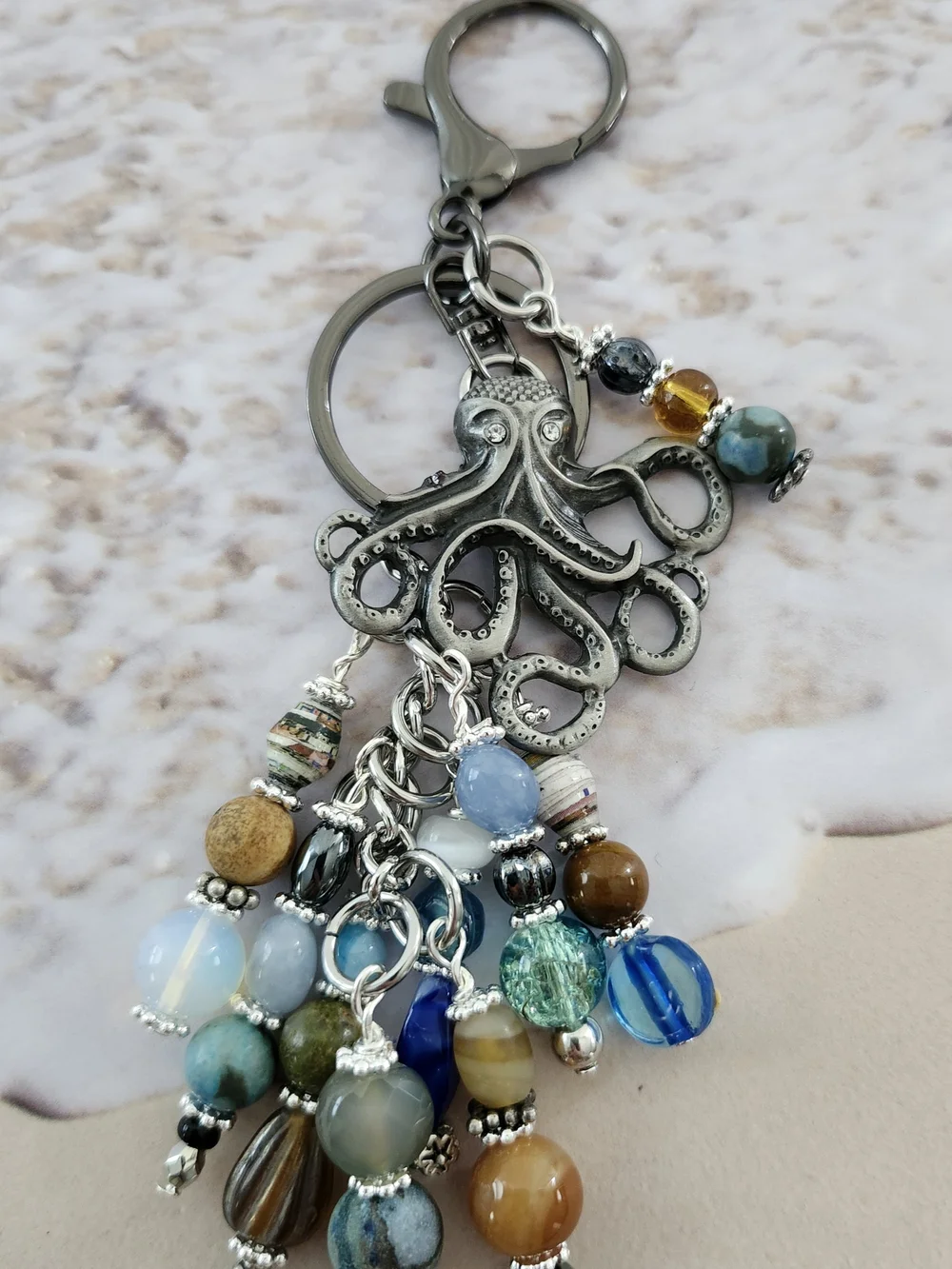 Octopus Purse Charm or Keychain Jasper Agate Aquamarine Handcrafted